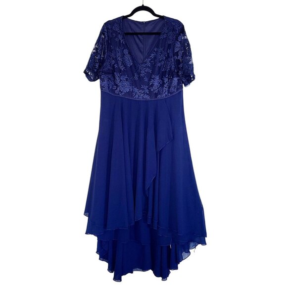 Blue Lace Chiffon Evening Gown Floral Lace V-Neck Sleeves High-Low Hem Size 2XL - Picture 1 of 16
